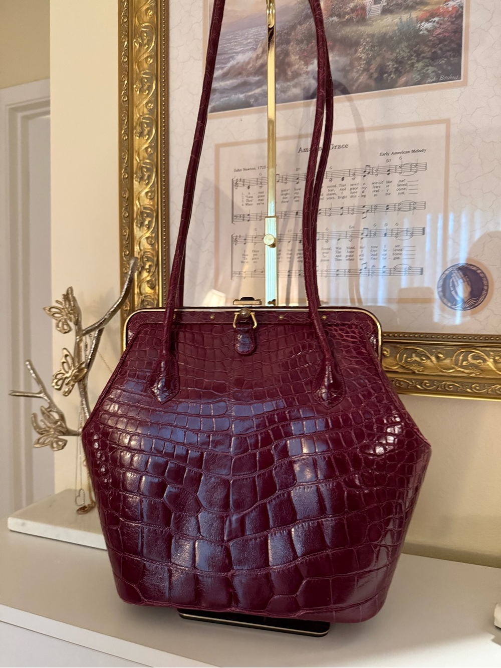 Judith Leiber New York Genuine Crocodile Frame Bag- Burgundy Gold Hardware